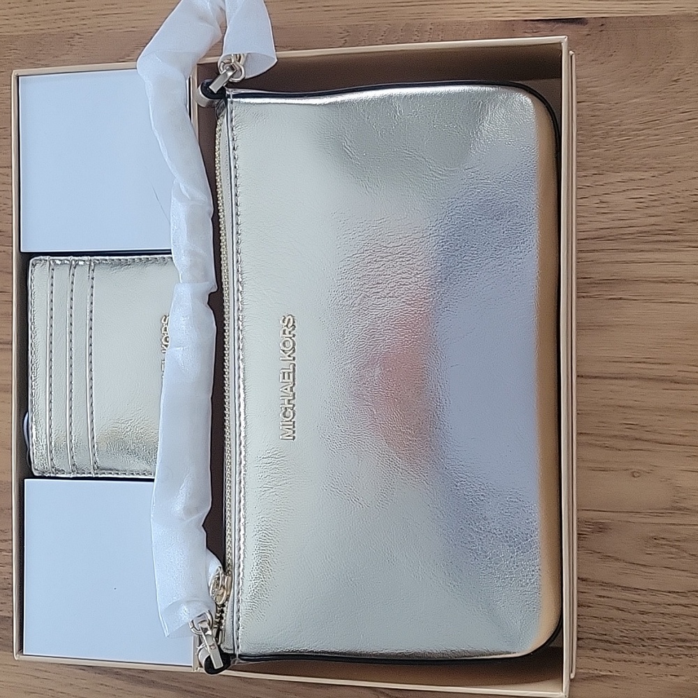 Michael Kors Jet Set Medium Metallic Gold Shoulder Bag / Card Case Gift Set NEW!